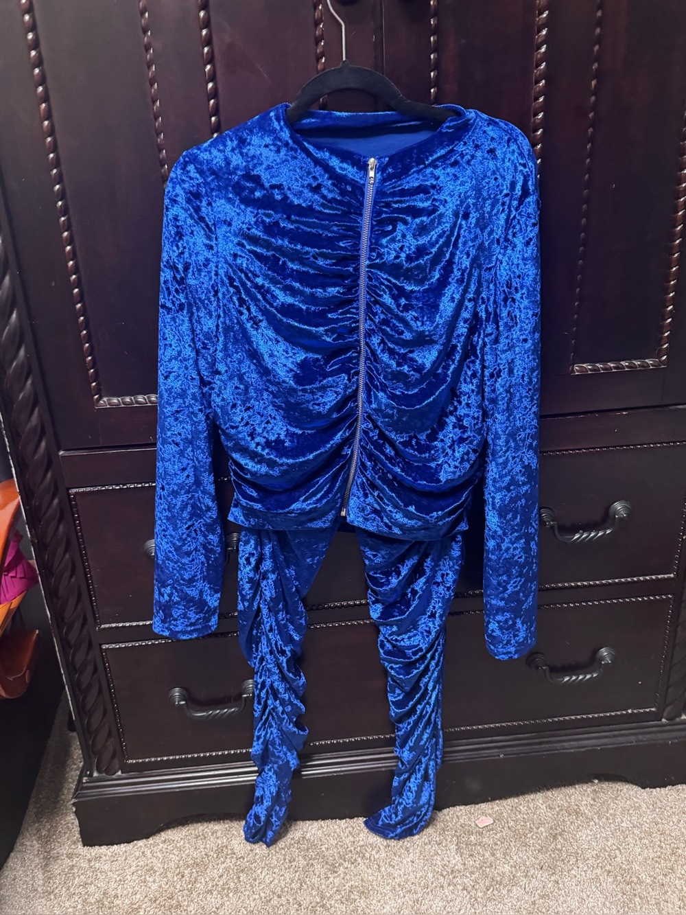 Blue Velvet Ruched Zip-Front Jacket and Pants